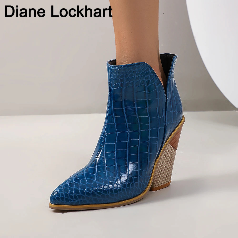 Motorcycle Western Cowboy Boots Women PU Leather Wedges High Heels slip on Cowgirl Booties Ankle botas Womens Shoes Yellow Blue 260519BJ