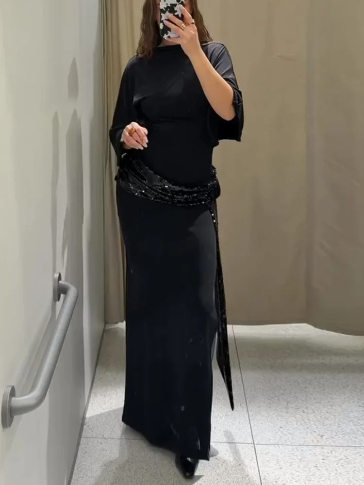 Sequin Patchwork Backless Dress Women Elegant Solid Middle Sleeve Cinched waist Slim Long Dresses Fashion Evening Party Vestidos 260525BJ 24