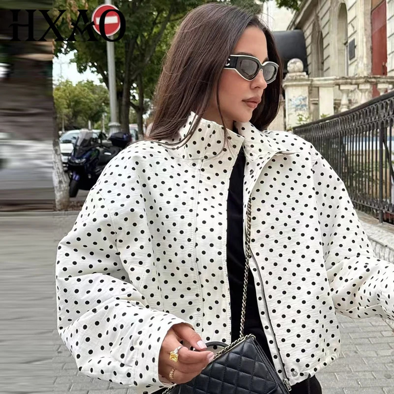 HXAO Polka Dot Bomber Jacket Womens Jackets Demi-Season Oversized Long Sleeve Top Outerwear Plus Size Zip Up Crop Coats 260525