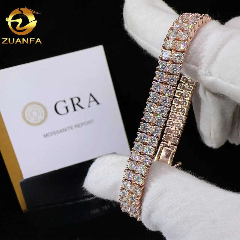 New design two rows real gold plated bracelet sterling silver 925 vvs moissanite hip hop jewelry lab diamond tennis chai