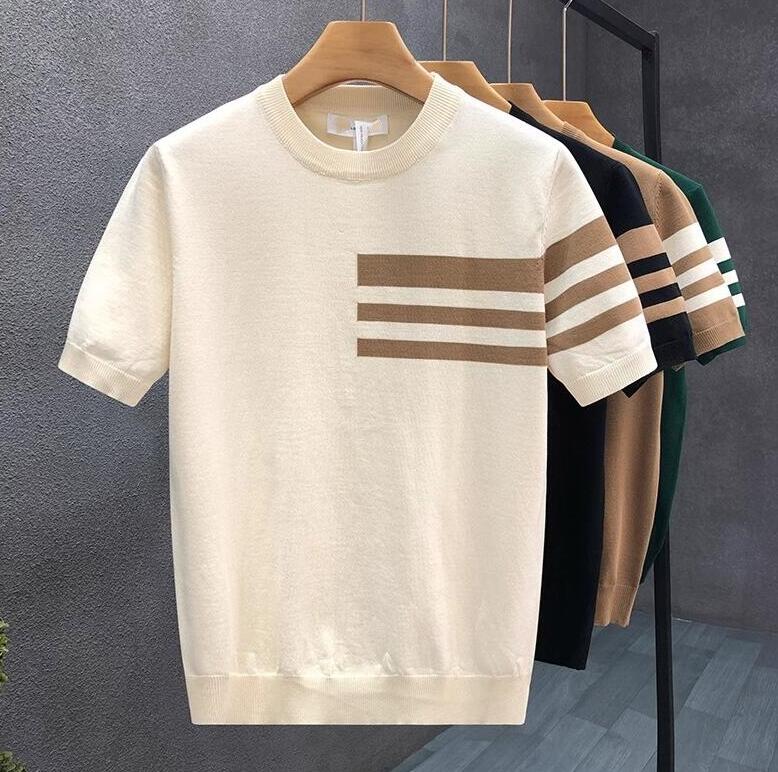 High quality 3XL Mens Designer T Shirt Tops Ice Silk Knitted Short Sleeves T Shirt Striped Slim Fit Men Clothings Street Clothes top tees Business s