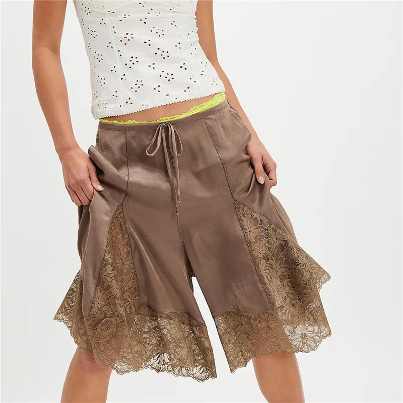 Women Lace Trim Shorts Y2k Satin Low Rise Half Slip Pajamas Cute Bow Coquette Pettipants Bloomers Patchwork Lounge Midi Pants 260613