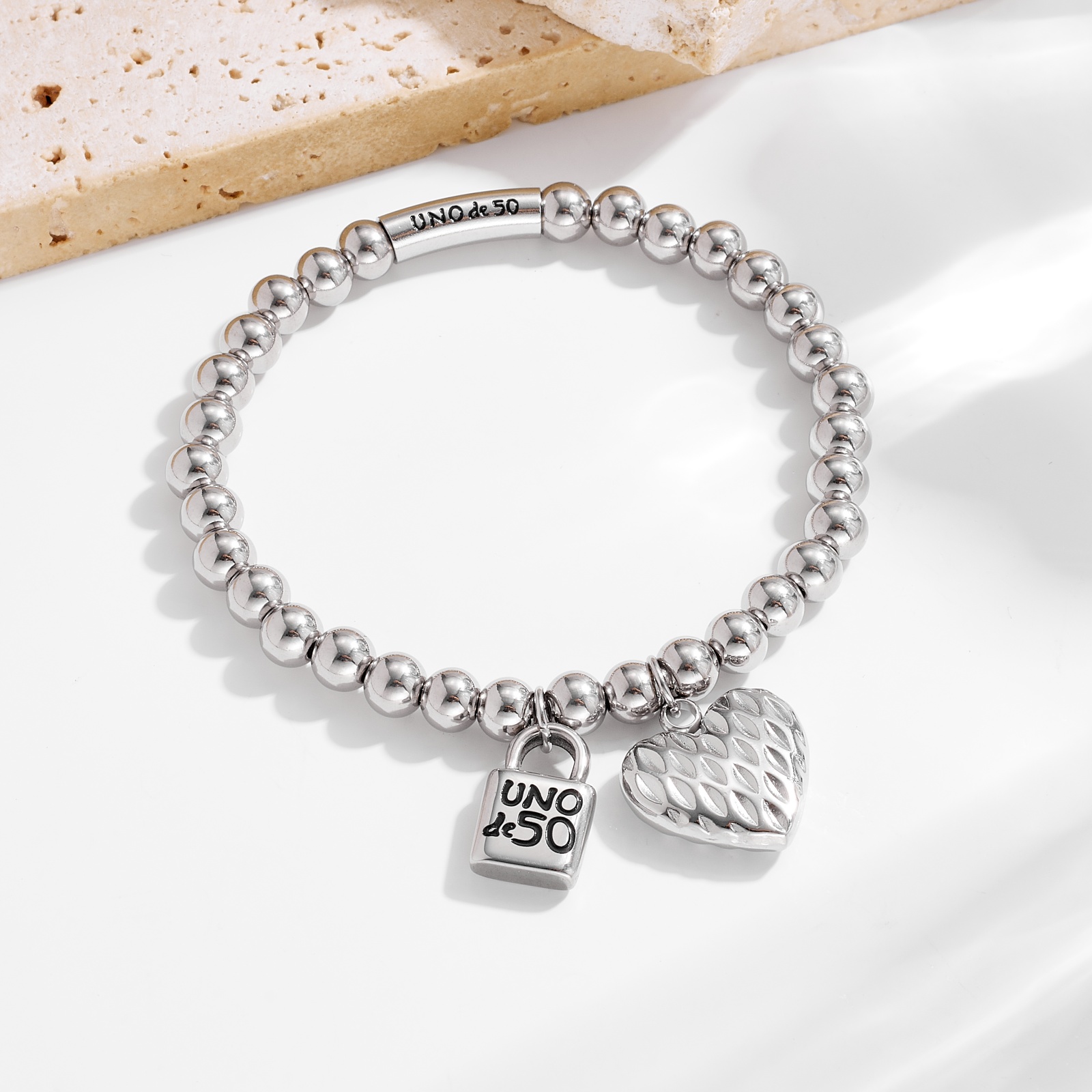 New Fashion Women Men Silver Gold Stainless Steel Round Lock Key Retro Heart Drop Oil Letter Uno de50 White Bead Heart Chain Bracelets Jewelry Pu-image-1107566800