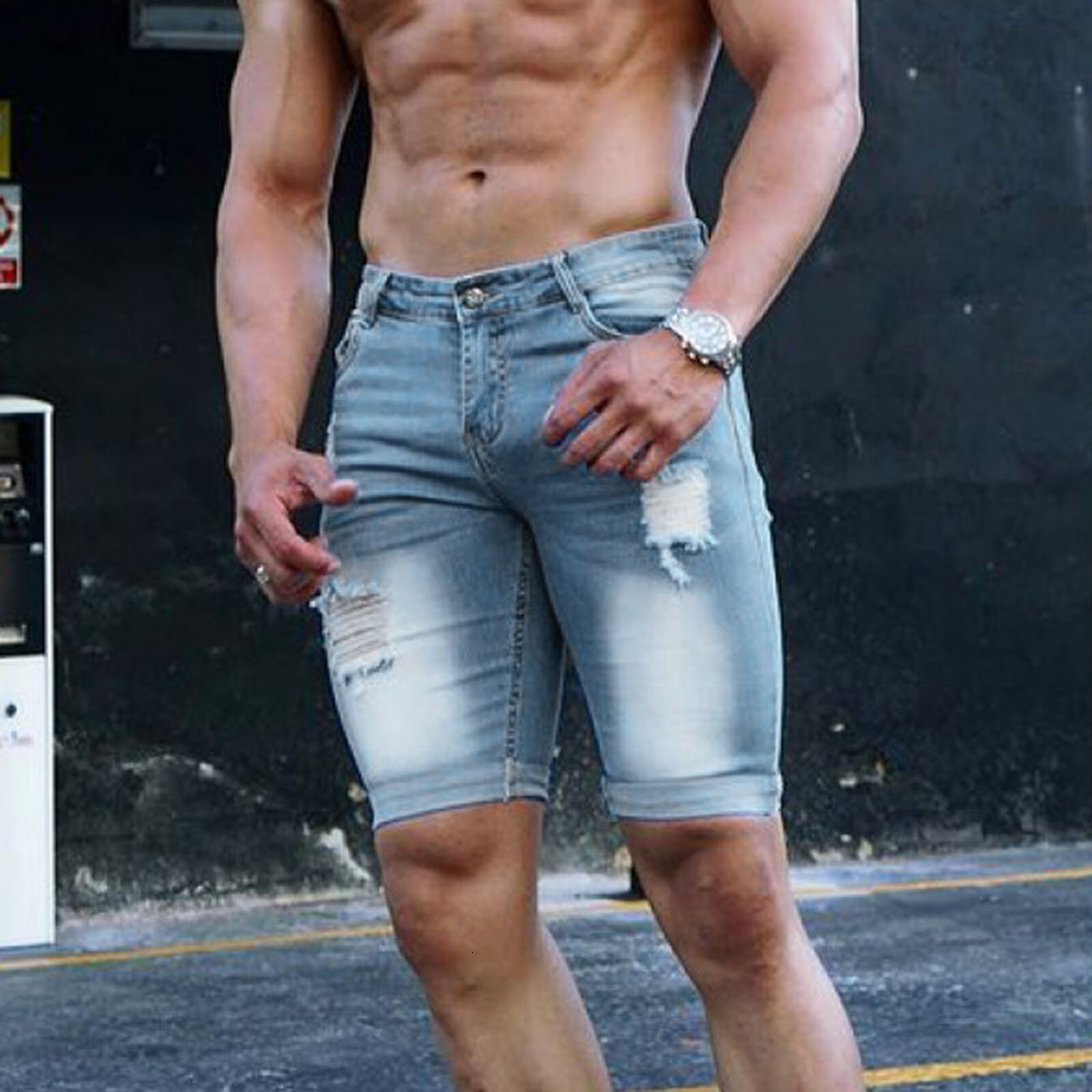 GINGTTO Jeans Mens Denim Shorts Skinny Short Pants Jean Shorts for men Elastic Waist Slim Fit Streetwear Stretch Drop 240327