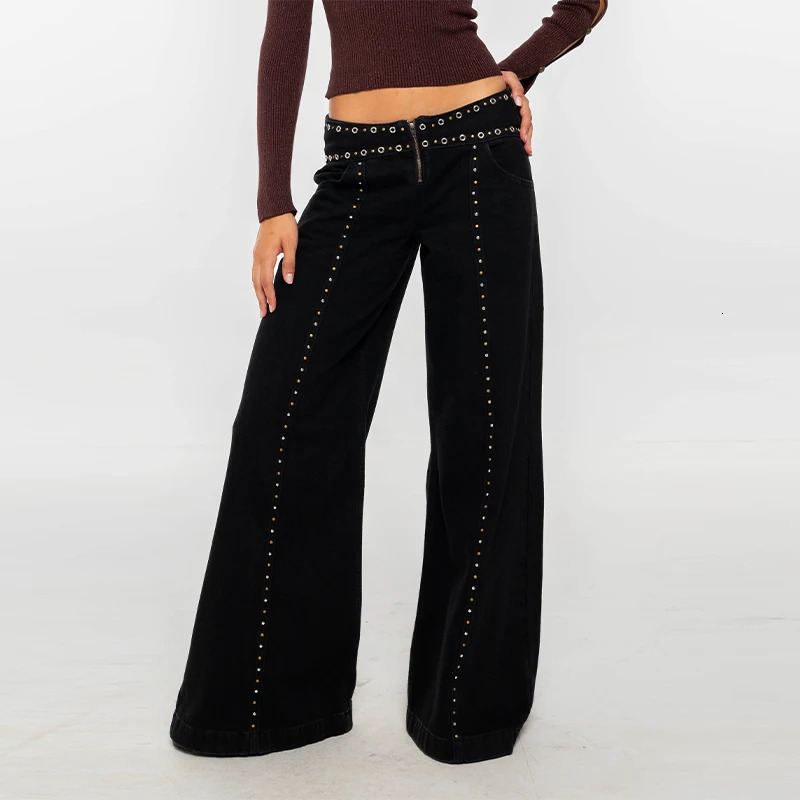Street Cool Black Rivet Hole Jean for Women Vintage Mid Waist Long Pants Fashion Y2K Zipper Denim Trouser Straight Leg Jeans 260525BJ 2a