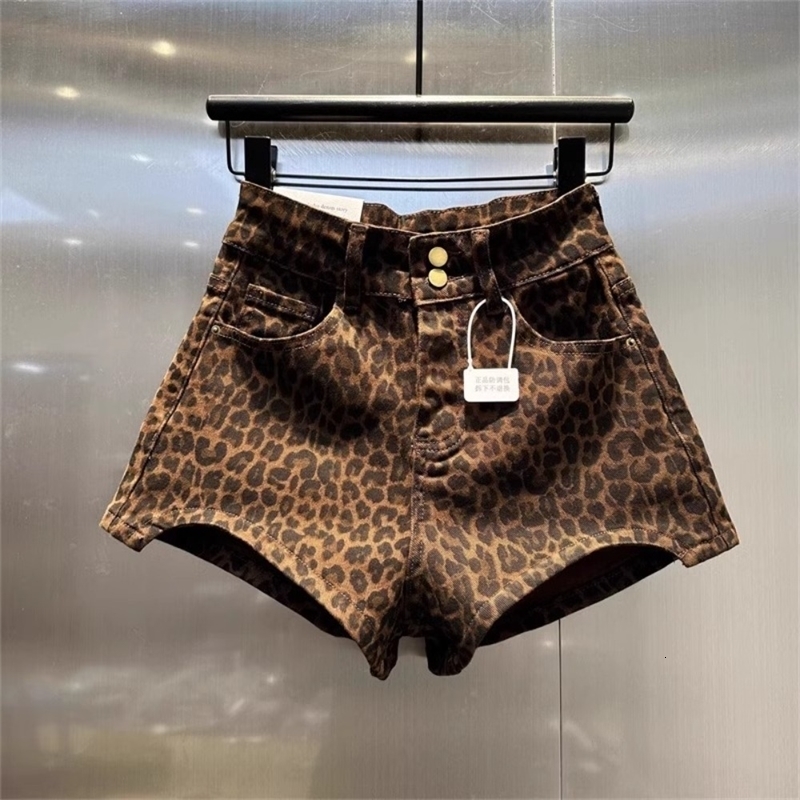 2025 Leopard Print High Waist Denim Shorts Irregular Fashion Wideleg Pants Booty Jeans Mini Summer y260515BANJIA