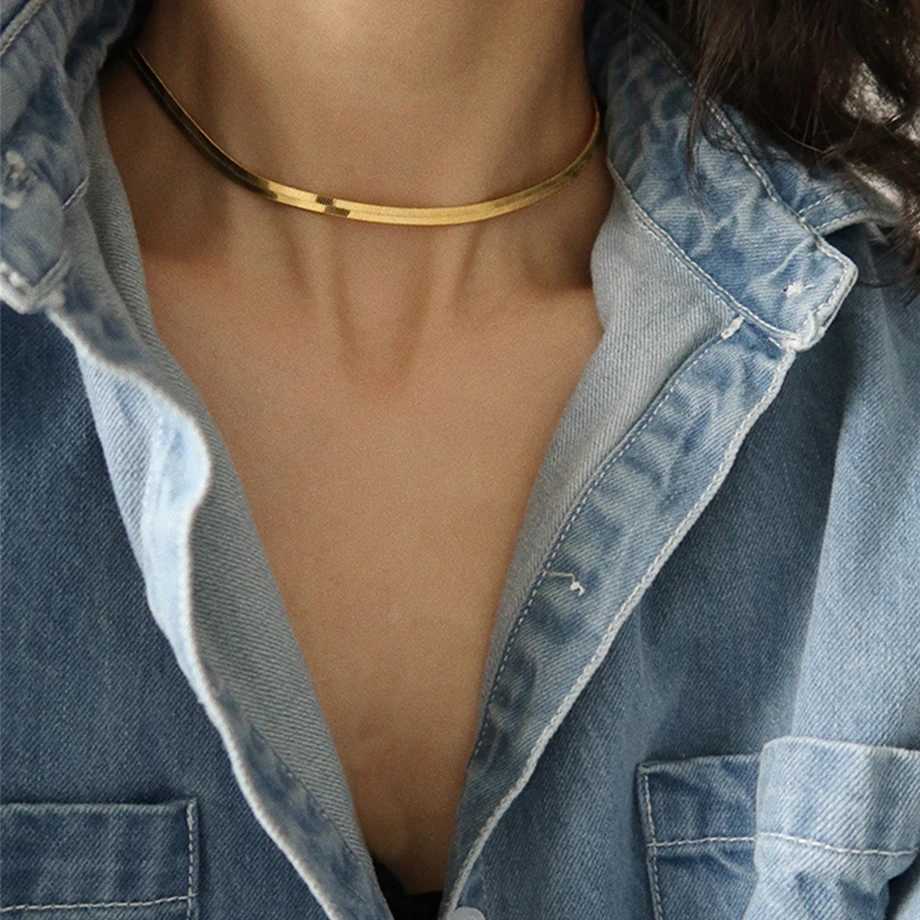 Punk Clavicle Flat Blade Snake Link Choker Necklace Gold Silver Color Stainless Steel Neck Chains For Women Jewelry Chocker 2023 L260525