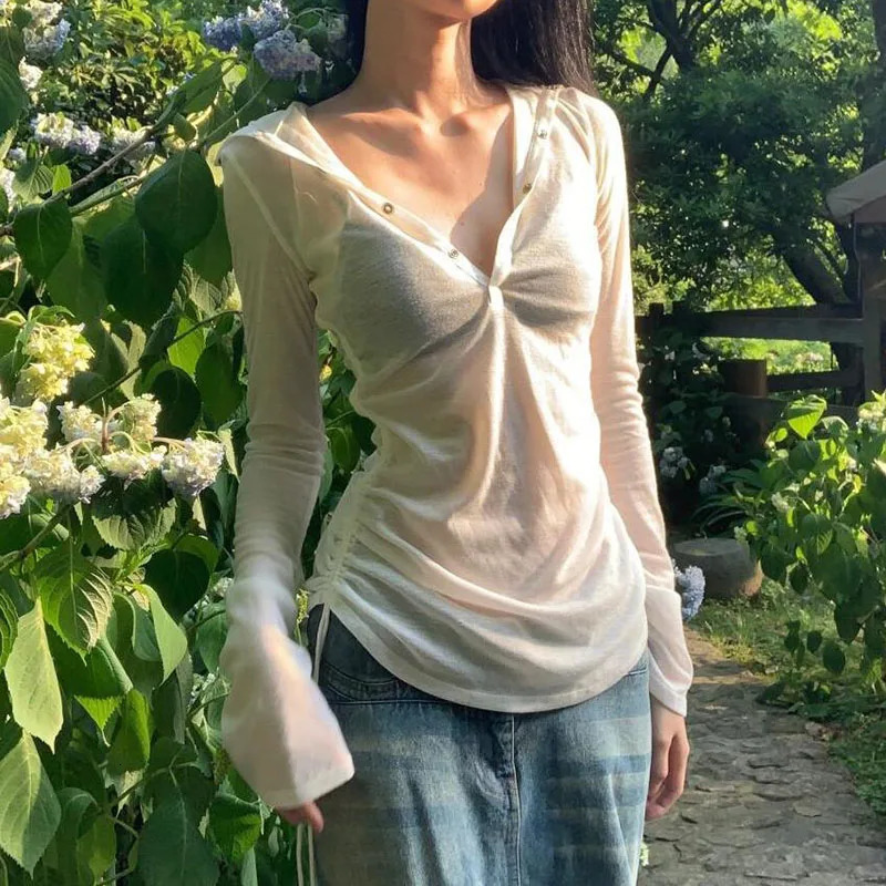 Y2K Sexy See Through Hooded TShirt Women Summer Sun Protection Long Sleeve VNeck Sheer Top Harajuku Streetwear White Tee 2026 260521