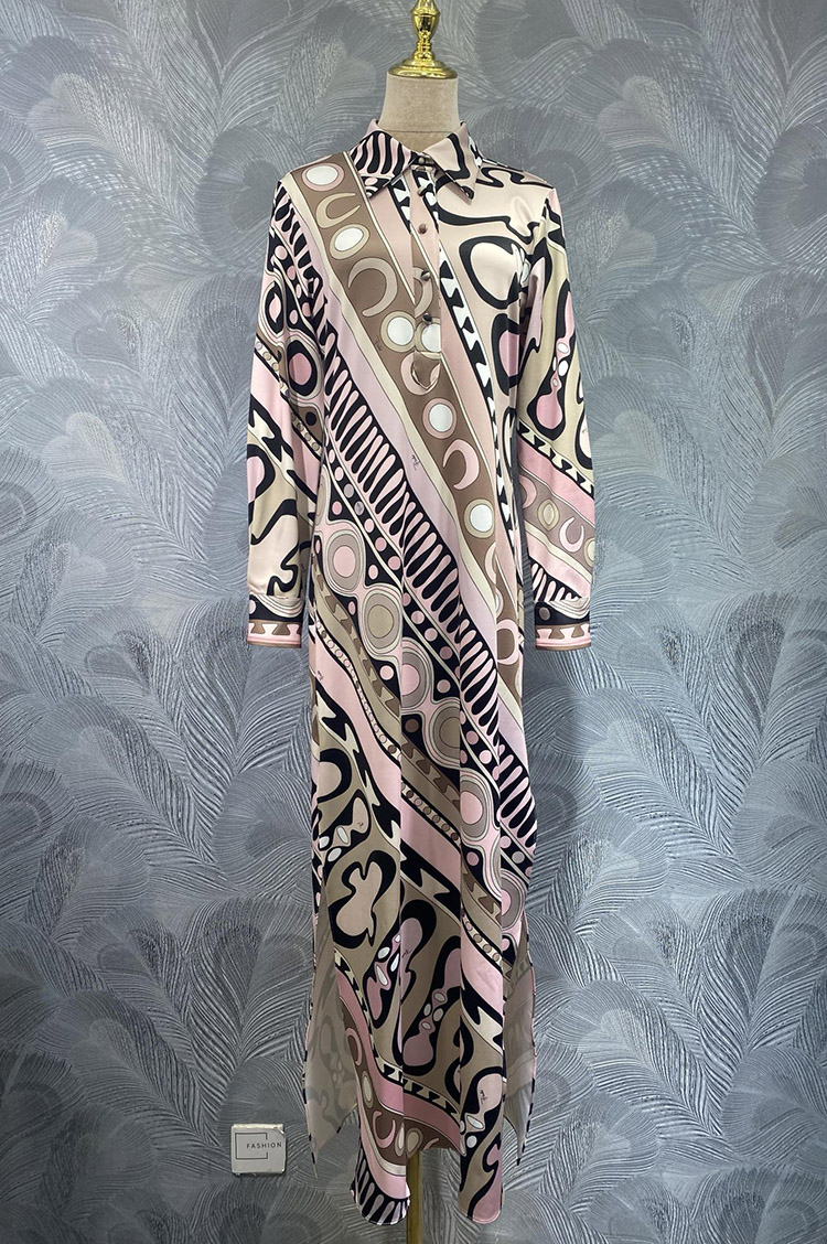 Spring Autumn Women Long Dress Turn-down Collar Geometric Printing Party Runway Vestidos Jersey Silk High Street