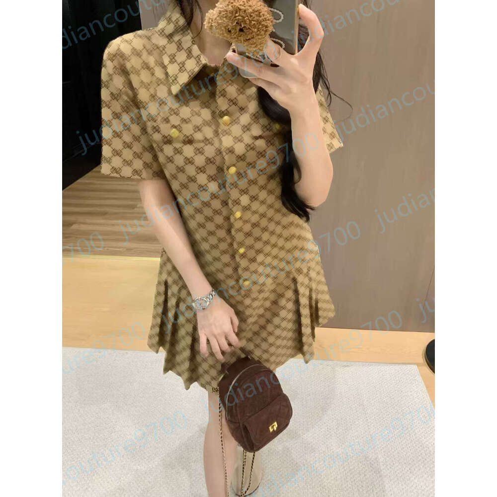 Monogram GG Designer Dresses Brand logo Full Printed Short Sleeve Polo Collar Waist-cinching Pleated Mini Dress Vintage Metal Button Down Party Dres