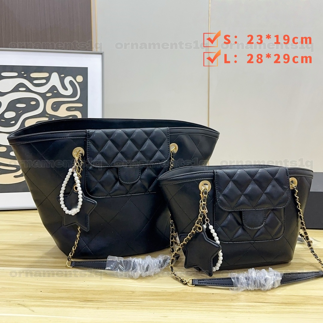 Designer Beach Bag Leather Bucket Tote Bag with Star Pearl Charm, Chain Strap, Large Capacity Shoulder Handbag for Women Daily Use 2 Size Large & Sm