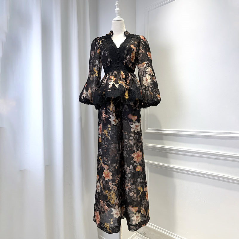 Luxury Elegant Fitted Pant Set Women Designer Puff Sleeve Floral Sexy Blouses Party Loose Brand Lace Breathable Pant