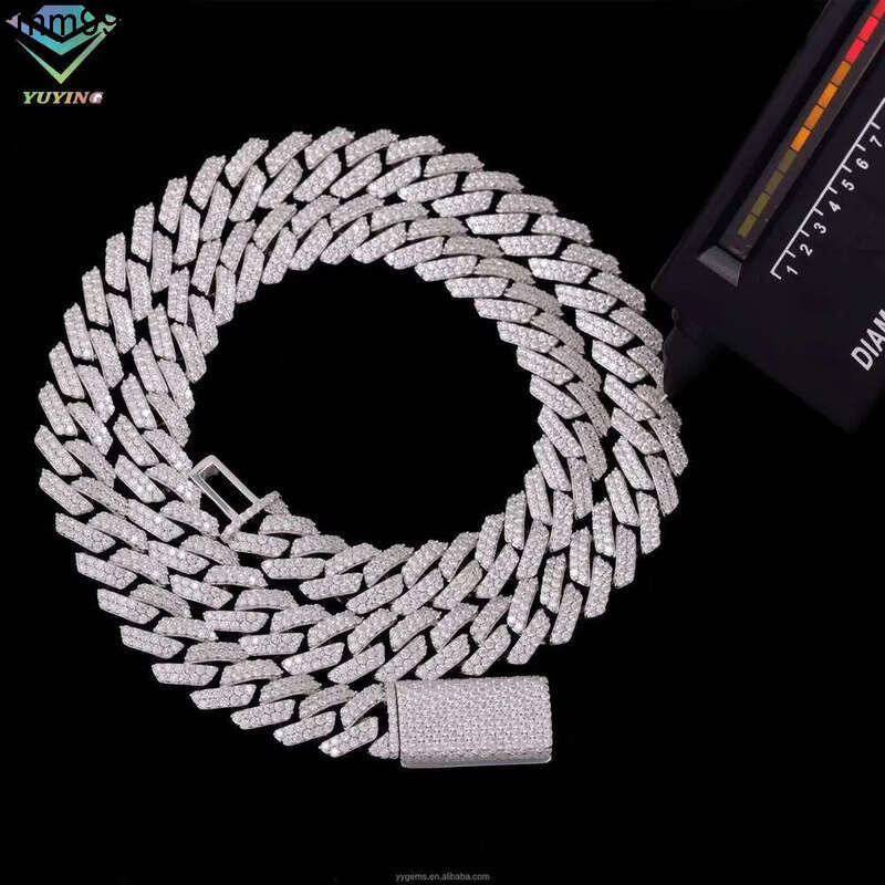 New Style Fine Design 100% Pass Tester 12Mm 2Rows VVS Moissanite Dia Sterling Sier Cuban Link Chain For Hip Hop Necklace