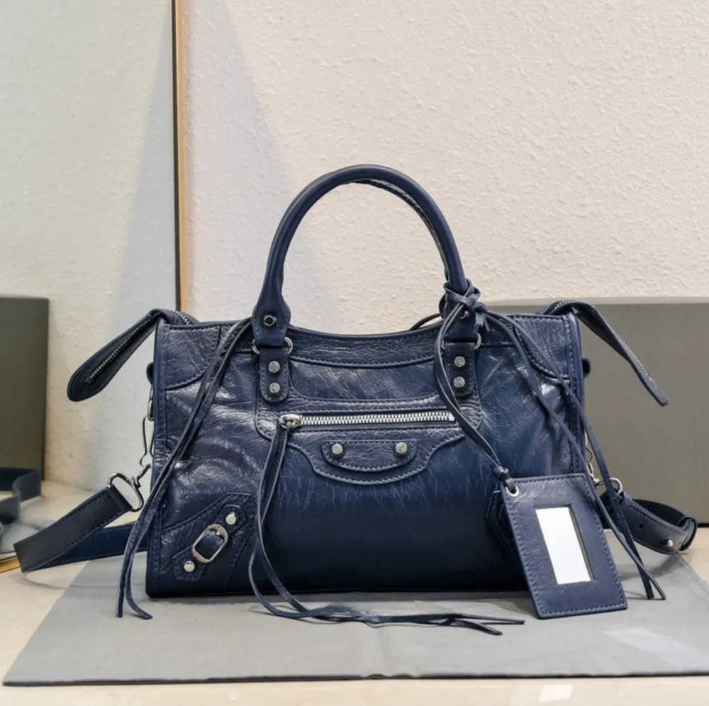 Classic Neo City Motorcycle Tote Shoulder Handbag Genuine Sheepskin Leather Crossbody with Attached Mirror 31 cm Blue
