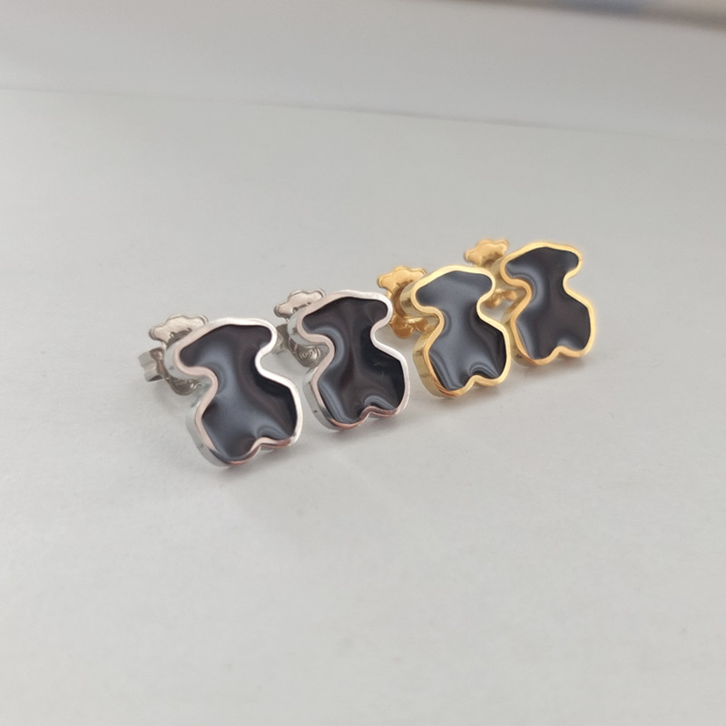 Hot Sale Fashion Women Men Silver Gold Stainless Steel Span Cartoon Circle Animal Bear White Black Zircon Letter Hoop Stud Earrings Jewelry-image-1107748249