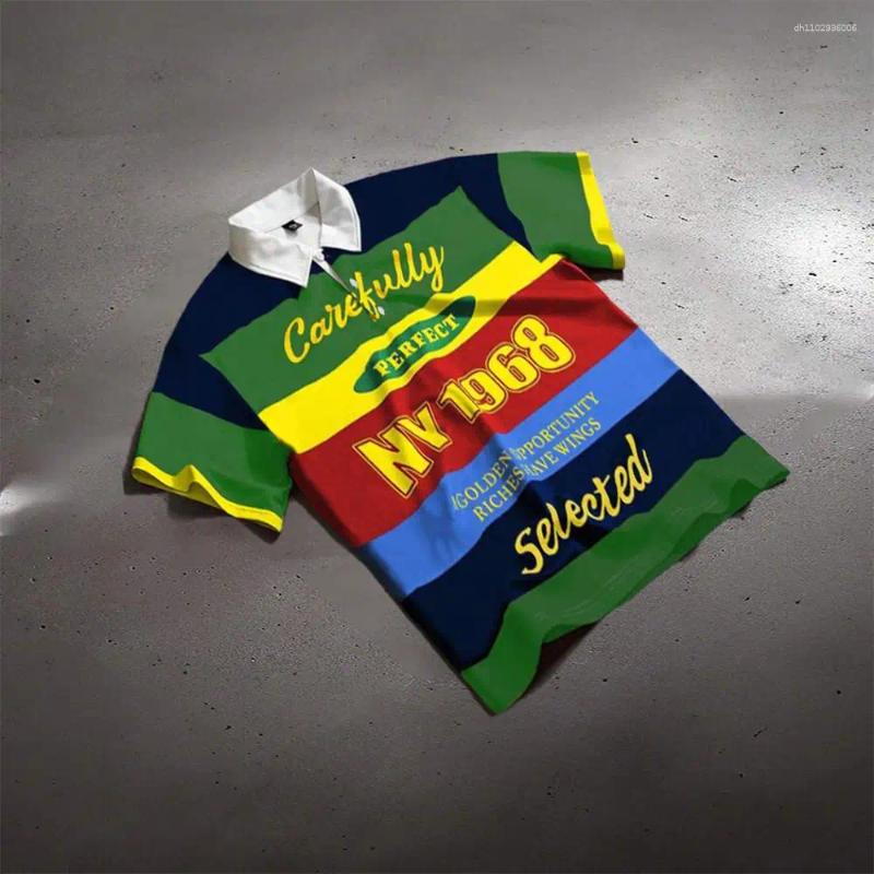 Men's Polos American Vintage Style POLO Shirt Colorful Striped Letter 3D Printed Tops Men And Women Fashion Casual Classic Lapel Streetwear