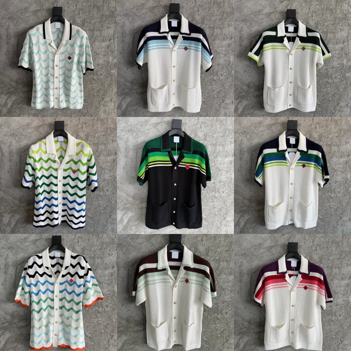 26ss Casabalnc High Quality Designer Knit Cardigan Shirt New Trendy Men's Contrast Stripe Short Sleeve Polo Woven Lapel Button Thin Summer K-image-908006112