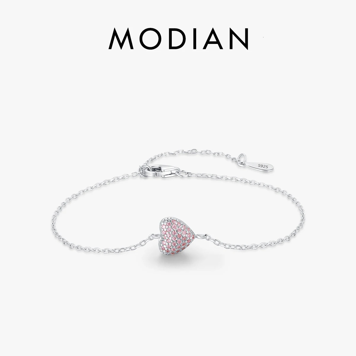 MODIAN 925 Sterling Silver Light Pink Zircon Heart Adjustable Bracelet Chain Link for Women Jewelry Romantic Anniversary Gift 260525BJ