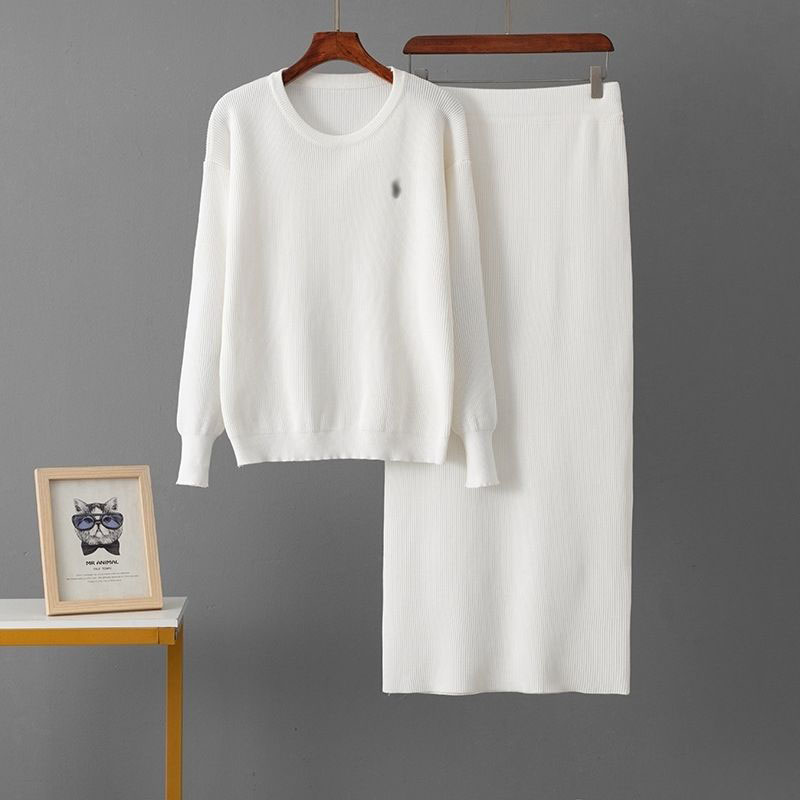 Spring Autumn Women's Knitted Casual Suit European and American Solid Color Embroidery Round Neck Loose Tops + Skirt Two Piece Dress for Fem-image-1107665066