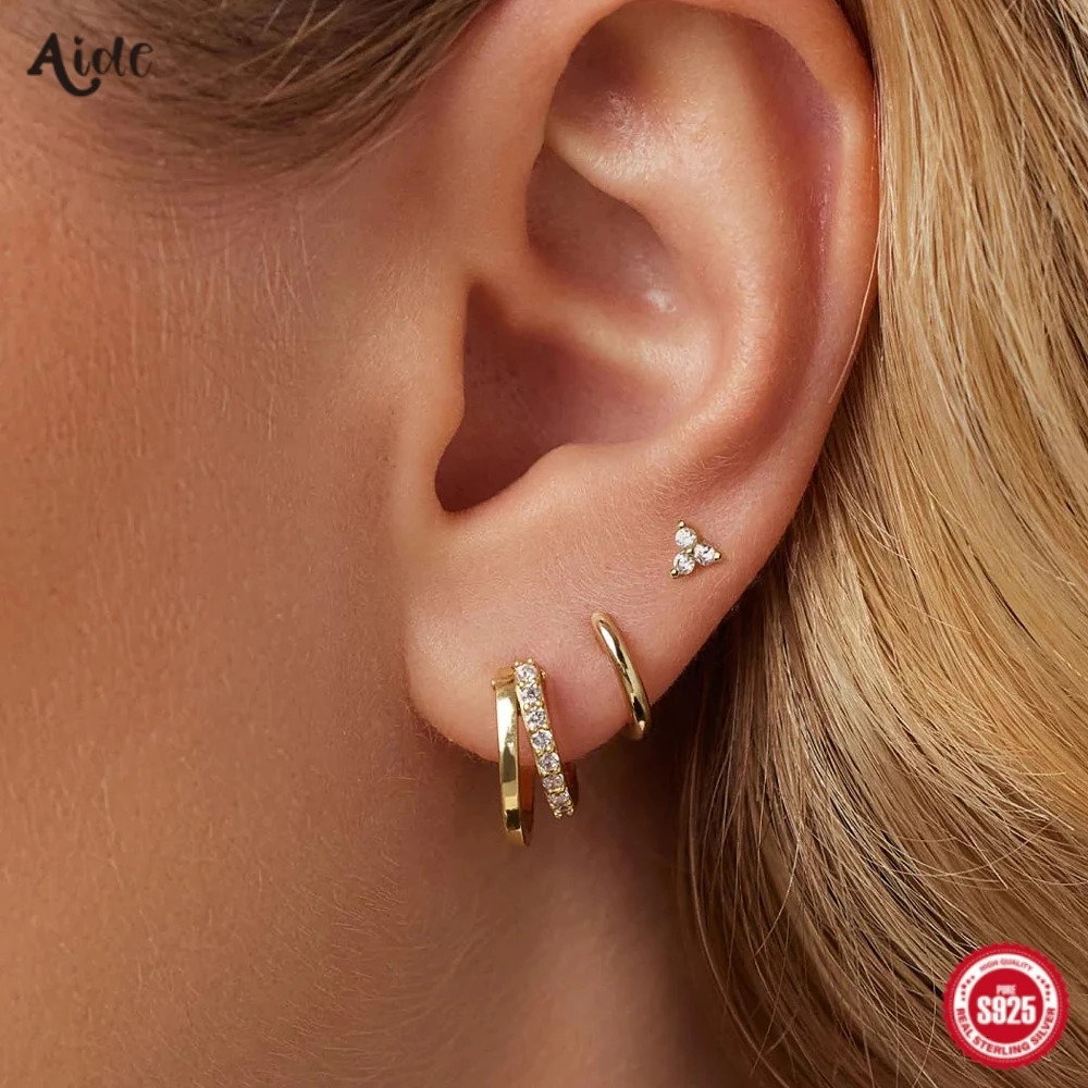 Aide 3pcs Set 925 Sterling Silver Double Gold Hoop Mini Zircon Stud Earrings For Women Hypoallergic Elegant INS Piercing Jewelry 260525BJ