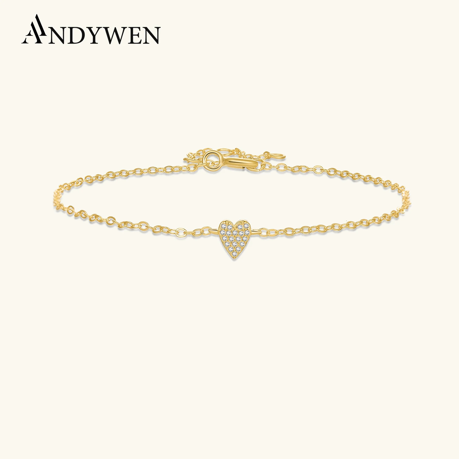 ANDYWEN 100 925 Sterling Silver 5mm Heart Zircon Pave CZ Charm Bracelet Chain y Fine Jewelry Crystal Jewels 260525BJ