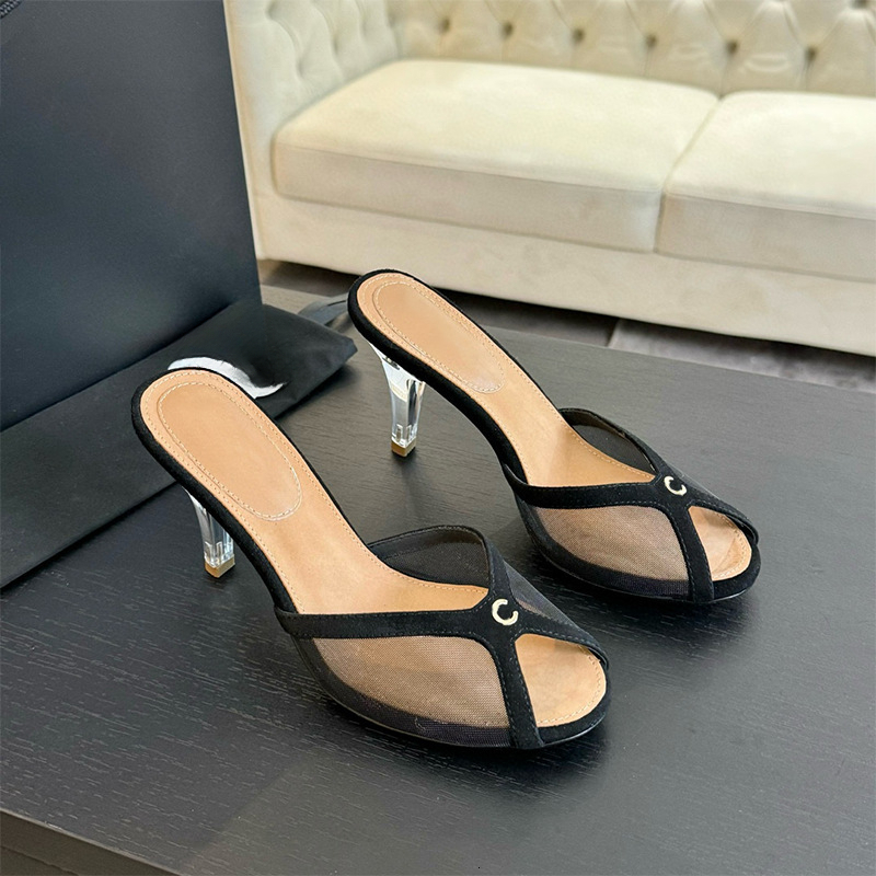 2026fashion Designer shoes new genuine leather lace fish mouth mesh hot diamond cool slippers one foot on high heels for wearing women s sandals