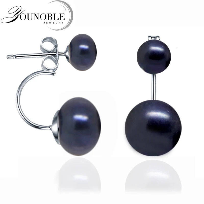 Natural Double Black Pearl Earrings WomenWedding 925 Sterling Silver Freshwater Stud Earrings With Pearls Wife Mother Gift 260525BJ