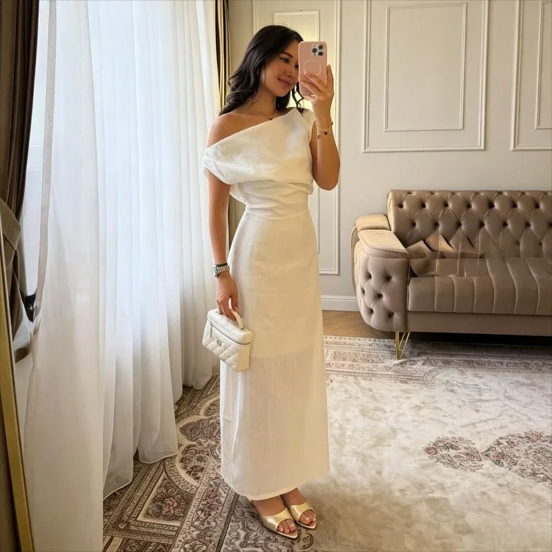 Elegant One Shoulder Asymmetric Pleated Long Dress Chic Solid Color Slanted Collar Slim Cinched Slit Cotton Linen Blend Dresses 260525BJ 86
