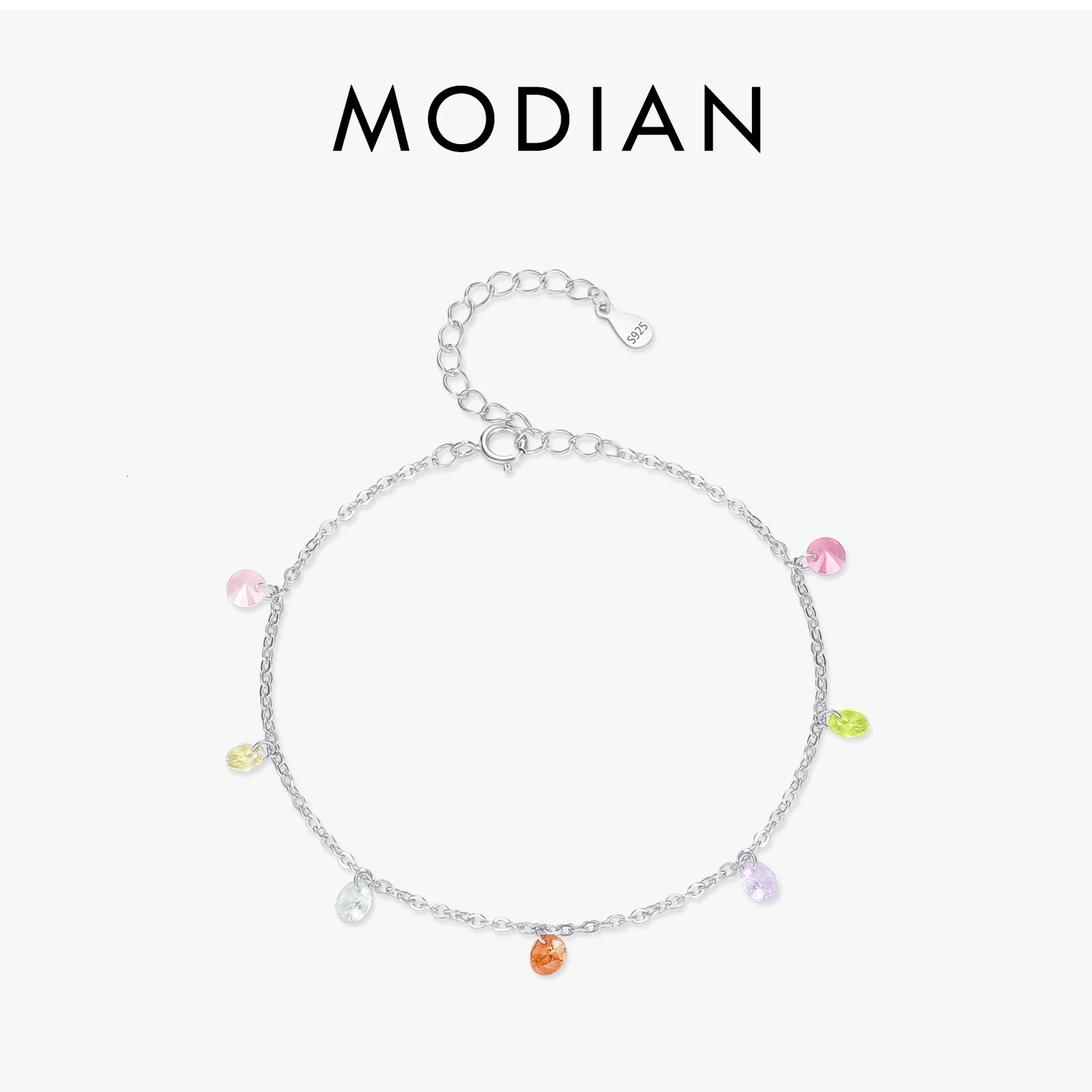 MODIAN Rainbow Colorful Zircon Bracelet 925 Sterling Silver Fashion Delicate Link Chain Bracelet For Women Girls Fine Jewelry 260525BJ