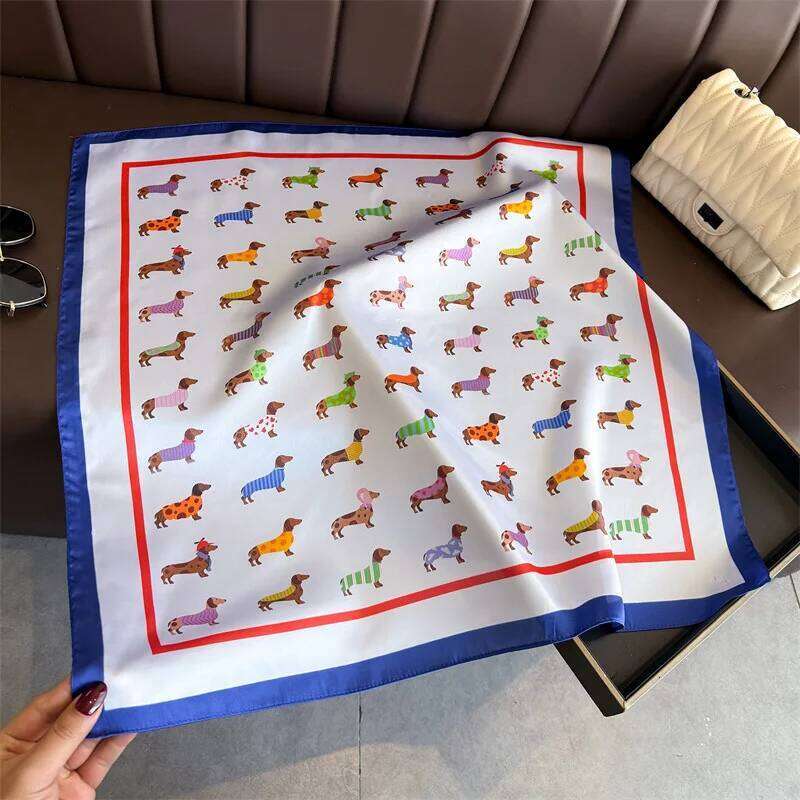 Silk Square Scarf Women Luxury Dog Print Kerchief Soft Satin Hairband Hands Bag Ribbon Foulard Hijab Neckerchief Headband Ladies 26Y0526