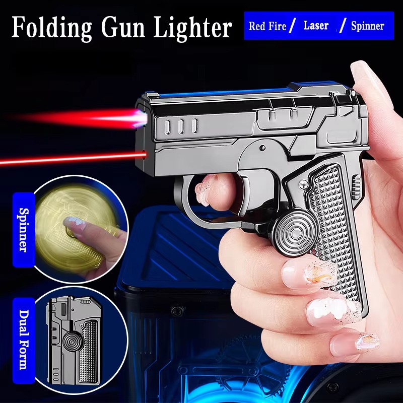 5-in-1 Folding Gun Lighter - Windproof Red Flame, Laser, Spinner, Transformable Stress Relief Lighter Men's Gift (NO GAS)