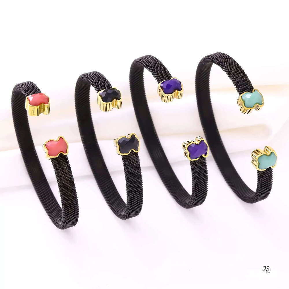 Sg_xinchen Mode Femmes Hommes Argent Or Ours En Acier Inoxydable Dessin Animé Animal Vert Rose Bleu Noir Fil Wable Ouvert Bracelet Bracelets Bijo