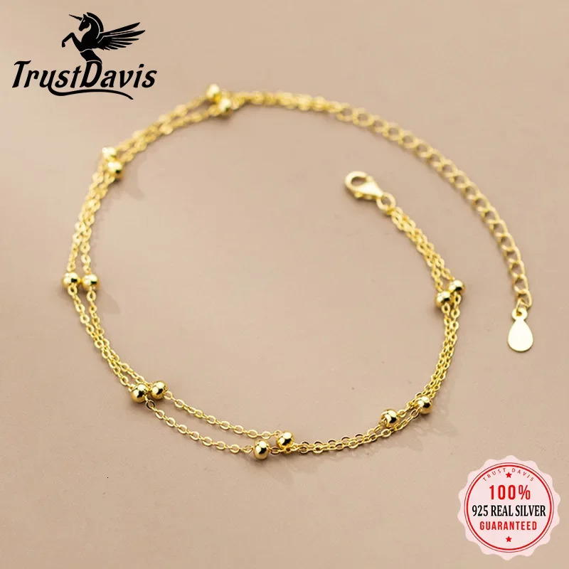 TrustDavis Genuine 925 Sterling Silver Double Layer Beads Chain Anklets For Women Wedding Birthday Present Fine Jewelry DA2343 260525BJ