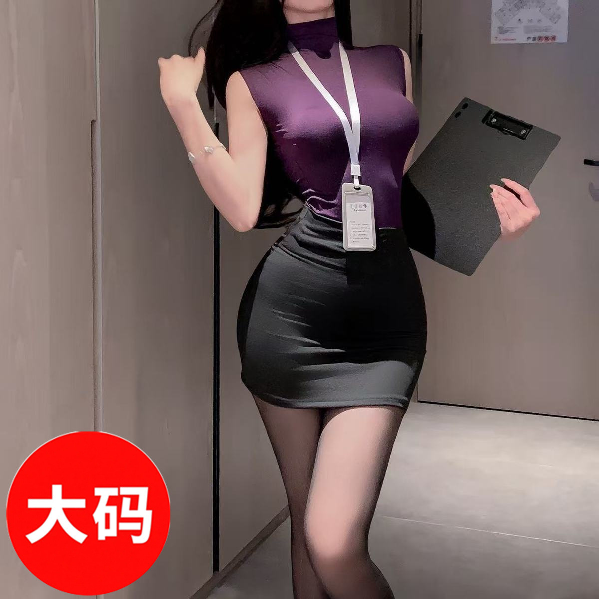 Plus Size Secretary Lingerie Set, Women Elegant Office Uniform Costume, Curvy Women Lace Outfit Suit for Nightwear-image-1107789942