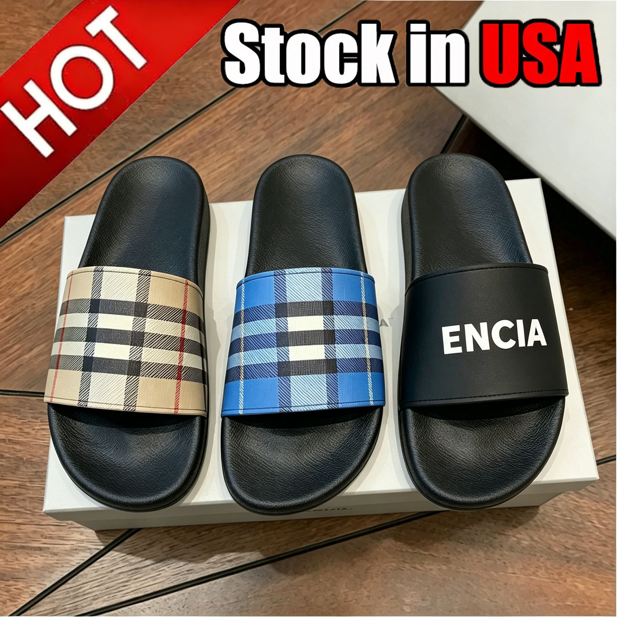 Designer Check Slides Vintage Printing Tartan Slippers Sliders Mens Sandals Furley Archive Summer Beige Print Embossed Logo Slide Dark Cerulean Size