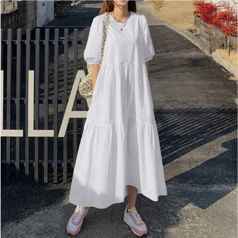 (1876) New Fashionable Loose Solid Color Puff Sleeve Swing Long Dress-image-1107711832