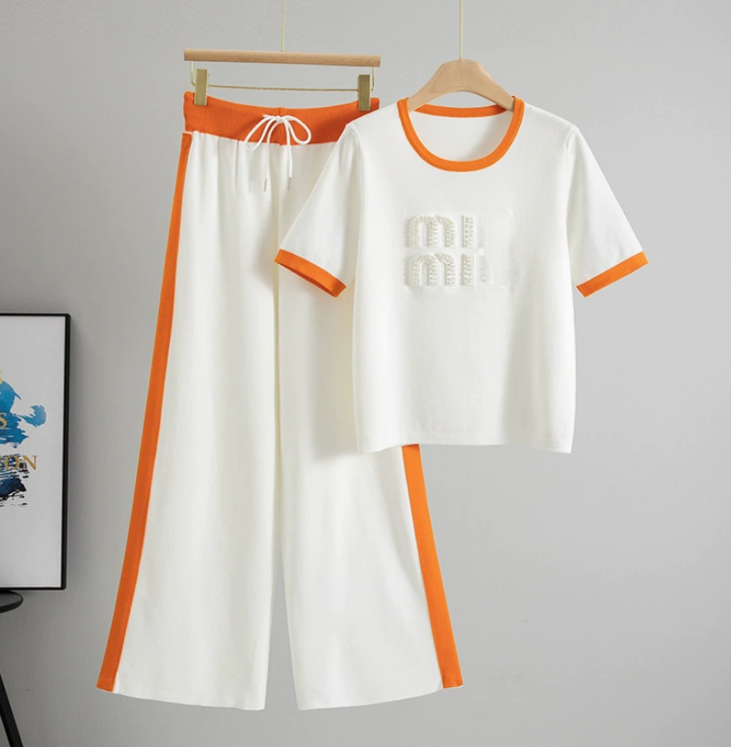 Women's Tracksuits Designer Casual Cross border foreign trade summer new fashion set women's striped nail bead knitted short sleeved