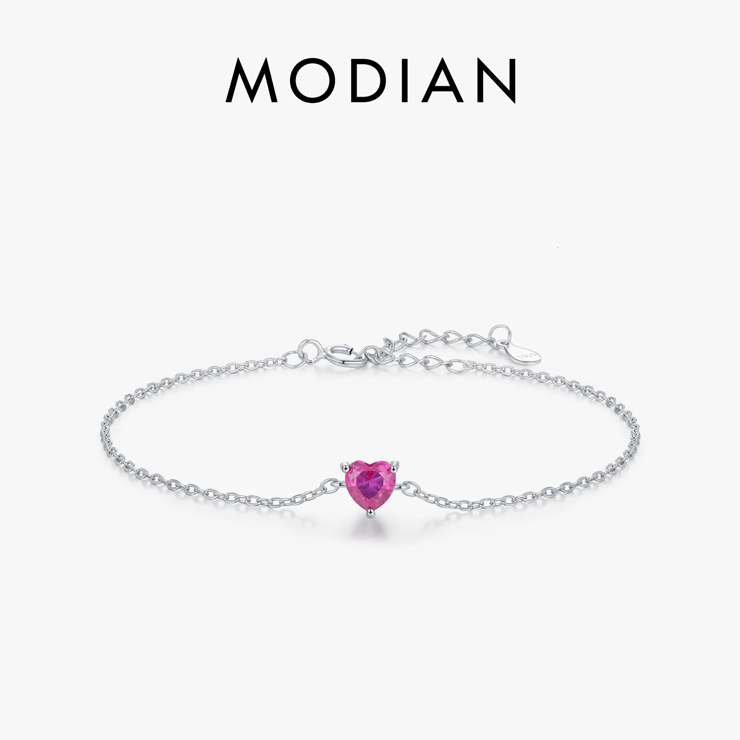 MODIAN 925 Sterling Silver Romantic Rose Red Zirconia Heart Bracelet Elegant Simple Link Chain For Women Fine Jewelry Gifts 260525BJ