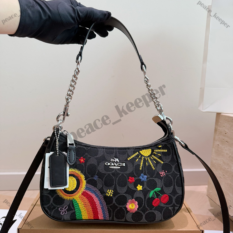 Designer Inspired 2026 New Denim Embroidery Hobo Shoulder Bag - Designer Inspired Rainbow Cherry Embroidered Chain Strap Crossbody Purse for Women