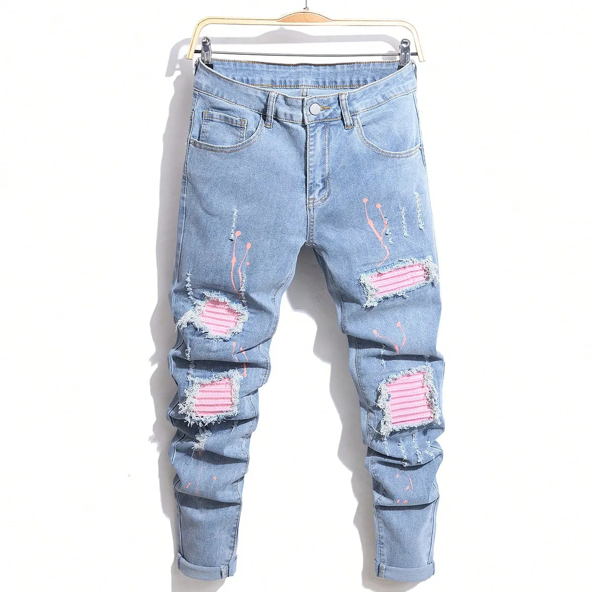 Mens Jeans Cool Ripped Skinny Trousers Stretch Slim Denim Pants Patchwork Hip Hop Black Blue Casual Jogging for Men 260613