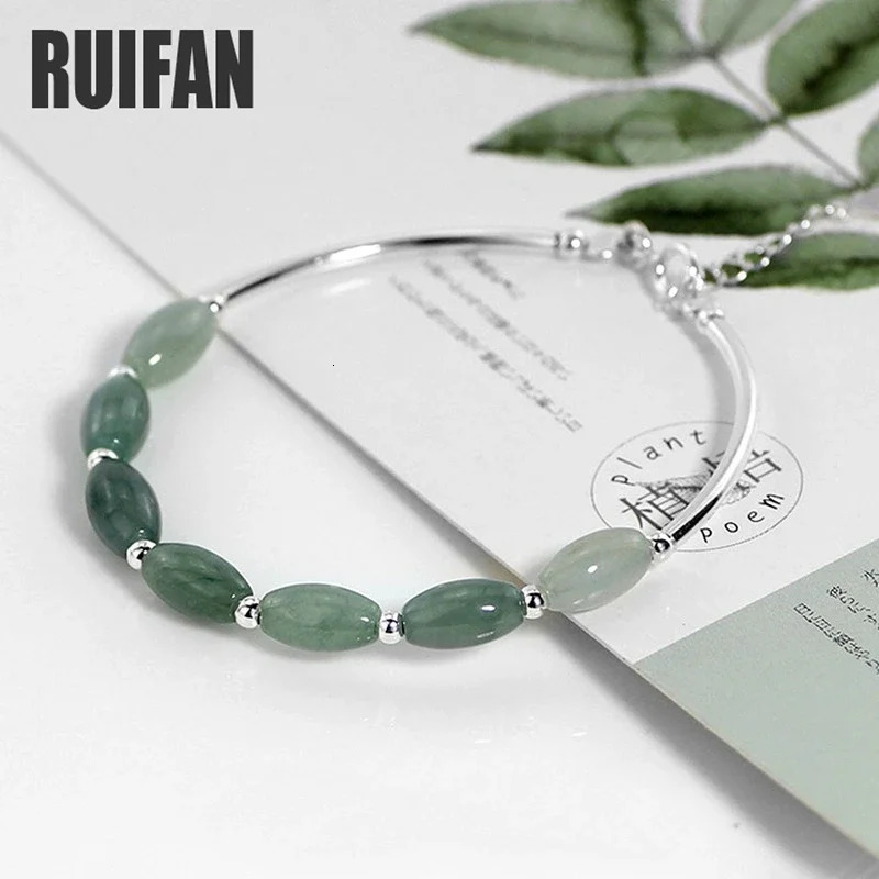 Ruifan Oval Natural Stone Green Jade Pure 925 Sterling Silver Bangle Bracelets for Women S925 Fine Jewelry Accessories YBR098 260525BJ