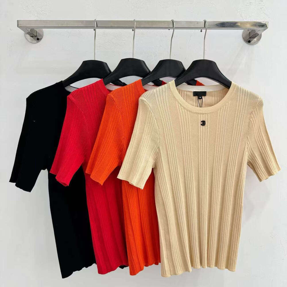 Chenely Tshirt Women's Knit Crew Neck Short Sleeve Top Trendy high-end Chainl Vests new fashion item, simple solid color letter logo short-slee