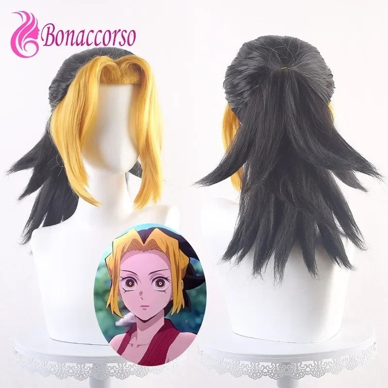 Demon Slayer Makio Cosplay Wig Black Yellow Synthetic Short Curly Wig Anime Coser Cute Girl High Quality Wig Daily Party 260525BJ
