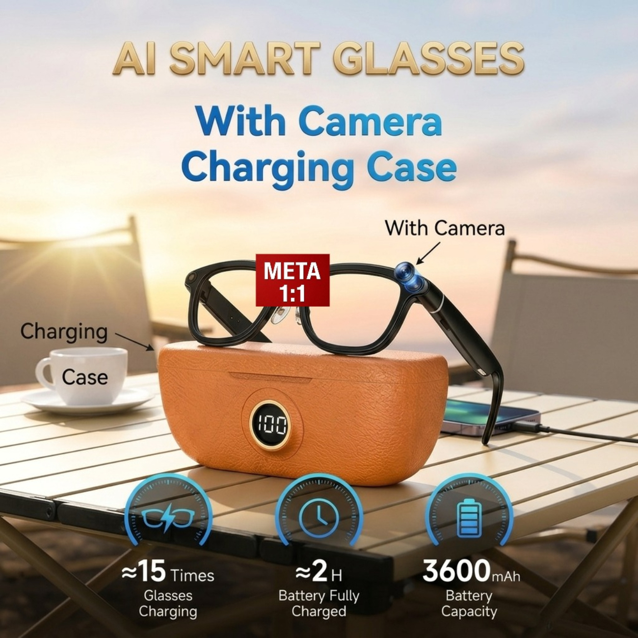 AI Smart Glasses with Camera, Charging Case, Sunglasses High-definition 8MP Anti-shake Photography, 1200P Video Recording, AI Translation, and Bl-image-1105205864