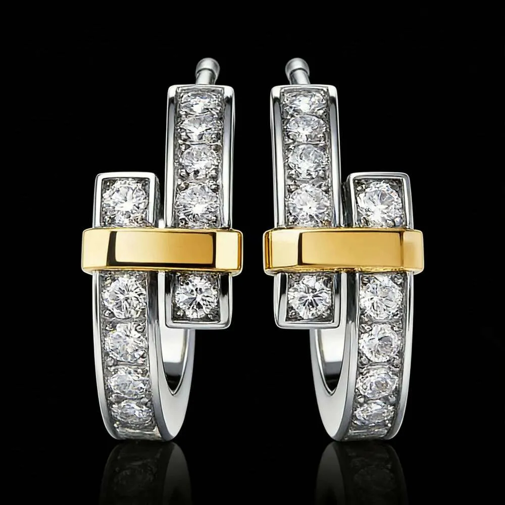 Stylish Sterling Silver Two Tone Interlaced Women S Style Zircon Set Stud Earrings Luxury Party Jewelry-image-1107698423