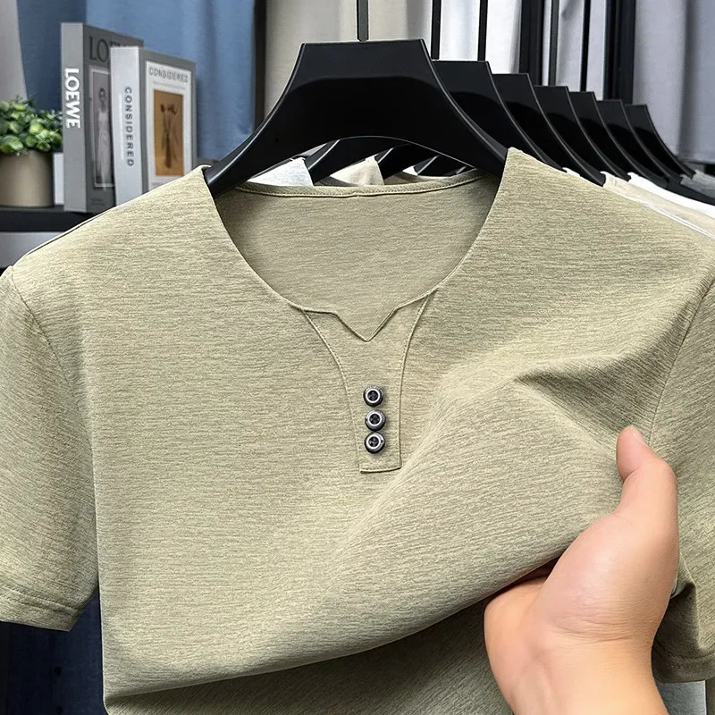 Mens Business Casual Three Button Vneck Short Sleeved Tshirt Korean Style Summer Comfortable Versatile Top 260624