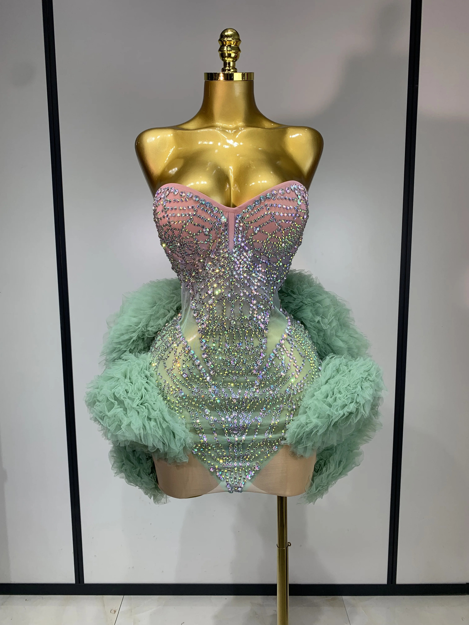 Women Sexy Strapless Backless Green Diamonds Mesh Dress Birthday Party Costume Bar Nightclub Singer Stage Performance Outfit 260529