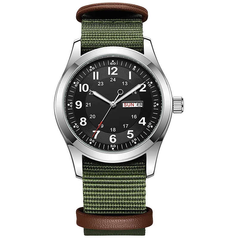 2026 Herenhorloge van 42 mm Glow in the Dark Lichtgevende wijzerplaat Dagdatum Groene canvas band 30M waterdicht veldhorloge Kaki band 260526