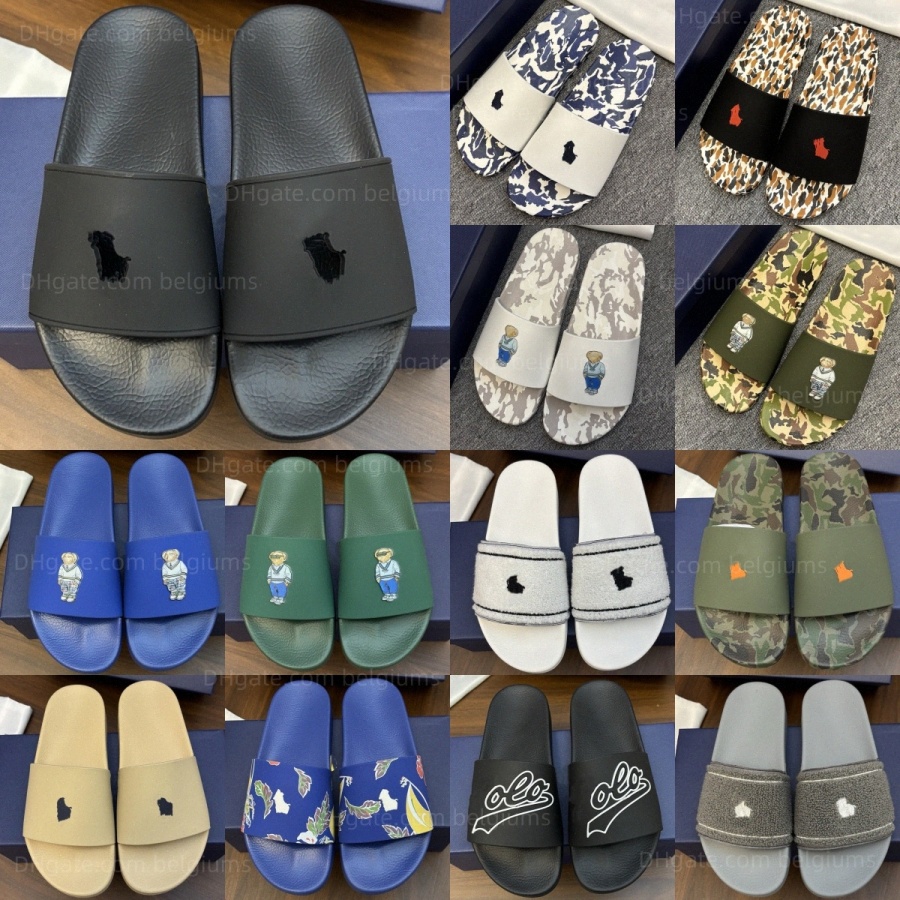 Designer Slides Womens Mens Polo Sport Slide Bears Flip Flops Slippers Camo Black White Red Yellow Navy Green Pool Summer Flat Mule Beach Home Slipp