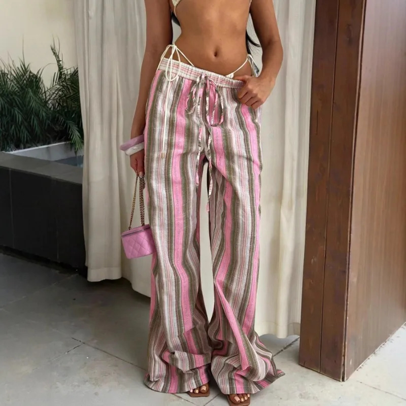 Striped Casual Elastic Waist Wide Leg Fashionable Resort Style Womens Pants 260526BJ 1c